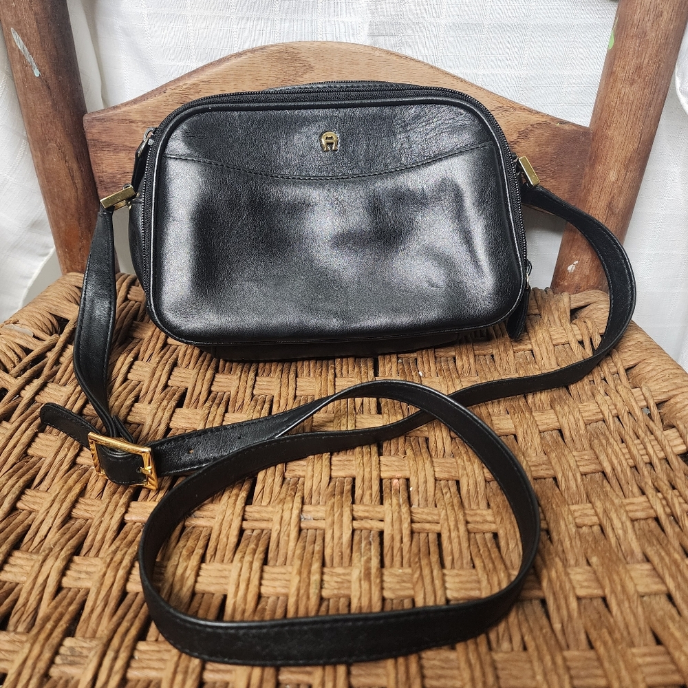 Etienne Aigner Black Leather Crossbody Bag with Gold Hardware